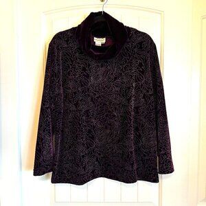 Coldwater Creek dark purple eggplant velvet high collar sweater women petite XL